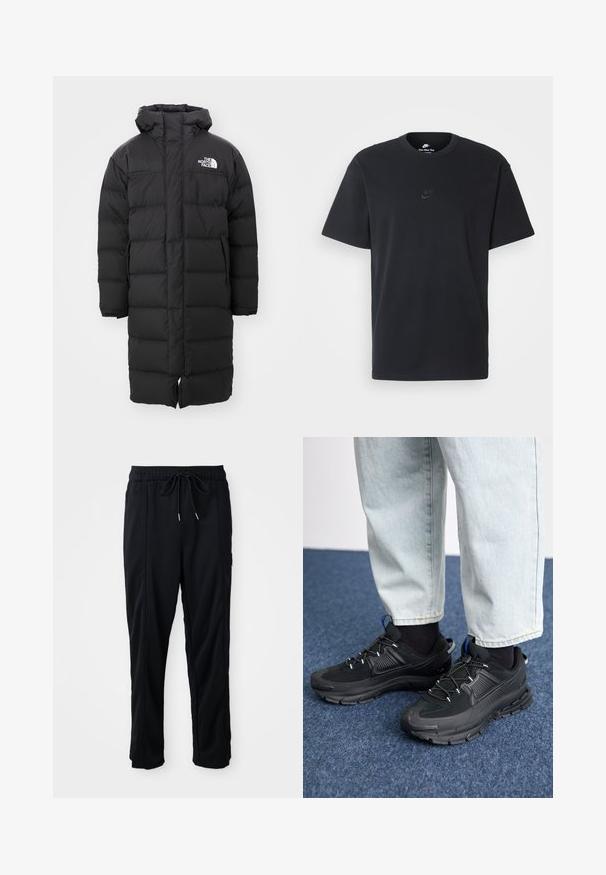 The North Face NUPTSE - Sulemantel - black; Nike musta mustast puuvillast T-särk klassikalise ümmarguse kaelusega, lühikeste varrukatega ja õrna, reljeefse logoga rinnal. Sile tekstuur.; Mustad nööridega vööga igapäevased mustad püksid, külgseamipocketid ja sirge sääre lõikega, ühtlasel taustal.; Mustad mustad jooksukingad, millel on tekstureeritud kangas ja kummist tallad, elastsed nöörid ning sinine aksent kandadel. Kandmine heledate teksadega.