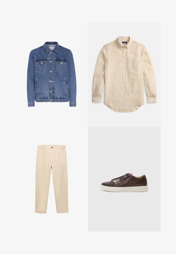 Traper jakna u srednje plavoj boji s klasičnom ovratnikom, dva džepa na prsima, bočnim džepovima i srebrnim dugmadima. Tkanina s teksturom.; Bež košulja dugih rukava s bijelim vertikalnim prugama, ovratnik na kopčanje, prednji džep i etiketa "Polo Ralph Lauren" unutar ovratnika.; Bež hlače od mekane tkanine; imaju elastičnu sredinu, prednje džepove i ravne nogavice.; Smeđe kožne tenisice s okruglim vrhom, kontrastnom bijelom gumenom potplatom, prošivenim detaljima i bez vidljivih vezica. Sveukupno glatka tekstura.