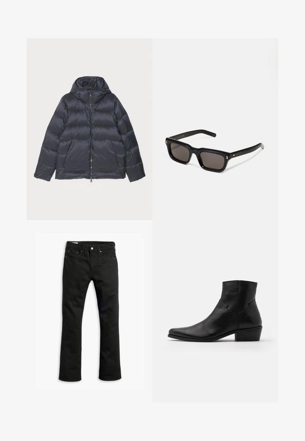 J.LINDEBERG FARRELL - Dunjakker - black; Beige langærmet crewneck sweatshirt, lavet af blødt materiale, med ribbede håndled og kant, med en glat tekstur og minimalistisk design.; Sorte denim jeans med lige ben, fem lommer, metalknaplukning og diskrete syninger. Glat tekstur og ensfarvet.; Sort læder ankelstøvle med spids tå, minimale syninger, en mellem-høj blokhælt og en glat, poleret finish.; Sorte rektangulære solbriller med mørke glas, tyk plastisk ramme, guldtryk på stængerne og brandlogo indgraveret på armen.