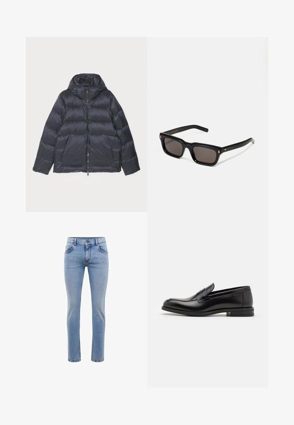 J.LINDEBERG FARRELL - Doudoune - black; T-shirt blanc à manches courtes en tissu de coton avec un col rond. Design simple sans motifs ni accents. Texture lisse.; Jeans en denim bleu clair avec une coupe slim, cinq poches et une coupe droite. Présente une fermeture éclair et des passants de ceinture. Texture douce.; Mocassins en cuir noir avec une texture lisse, bout rond et une sangle décorative sur le dessus. Talon bas empilé, design minimaliste.; Lunettes de soleil noires rectangulaires avec des verres foncés, monture en plastique épais, accents dorés sur les branches et logo de la marque gravé sur le bras.