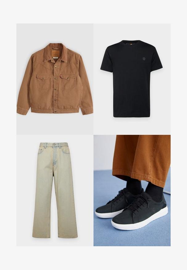 Brun kordfløyelsjakke med krage, to brystlommer og messingknapper. Har sømdetaljer langs skuldrene og kanten.; Svart bomull t-skjorte med rund hals, korte ermer og en liten, brodert logo på brystet. Glatt tekstur, klassisk passform.; Lyseblå vide jeans laget av denim med en falmet finish. Har fem lommer og en frontlukking med knapp.; Svarte semskede sneakers med hvite gummisåler, med snøring, teksturerte detaljer og subtil branding, sammen med brune bukser.