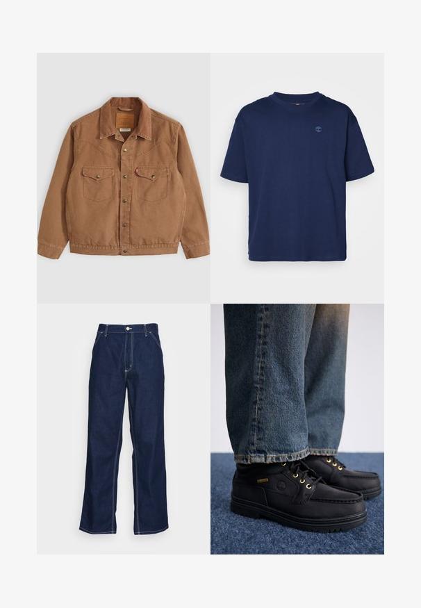 Brown corduroy jacket with a collar, two chest pockets, and brass buttons. Features stitching detail along the shoulders and hem.; Navy blue cotton t-shirt with a crew neckline, short sleeves, and a small, tonal logo on the chest. Casual fit, smooth texture.; Dark blue denim trousers with wide legs, featuring a high waist, front pockets, and contrasting white stitching along seams.; Black leather shoes with gold eyelets and a textured finish, paired with blue denim jeans. Shoes feature a layered sole and branding detail.