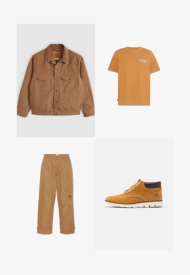 Braune Cordjacke mit Kragen, zwei Brusttaschen und Messingknöpfen. Mit Steppdetails an den Schultern und am Saum.; Oranges Baumwoll-T-Shirt mit Rundhalsausschnitt und kurzen Ärmeln; mit weißem "TIMBS"-Logo auf der Brust. Weicher Stoff, lockere Passform.; Khakifarbene Arbeitshosen aus strapazierfähigem Stoff, mit mehreren Taschen, einem Knopfverschluss und gesticktem Logo auf dem Oberschenkel.; Braune Wildleder-Stiefeletten mit gepolstertem Kragen, ausgestattet mit goldenen Ösen und Schnürsenkeln, Kontrastnähten und einer weißen Gummisohle.