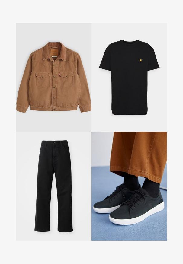 Brown corduroy jacket with a collar, two chest pockets, and brass buttons. Features stitching detail along the shoulders and hem.; Black cotton t-shirt with short sleeves, crew neck, and a small yellow logo on the left chest area. Simple design and regular fit.; Black denim pants with a straight cut, featuring front pockets, a zip fly, and a single top button. Textured fabric with a matte finish.; Black suede sneakers with white rubber soles, featuring lace-up design, textured accents, and subtle branding, paired with brown pants.