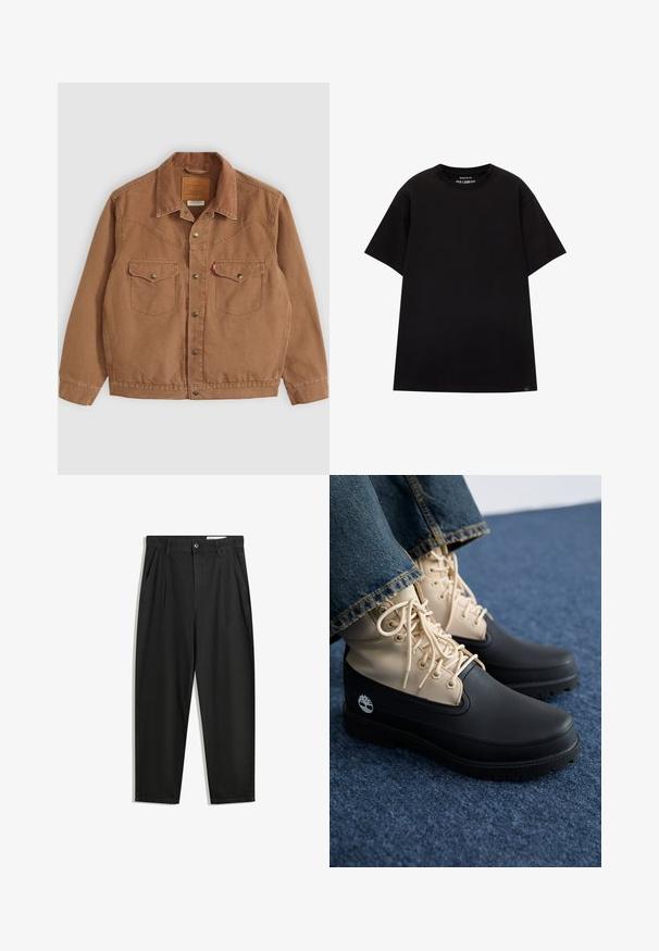 Hnědá kordová bunda s límcem, dvěma náprsními kapsami a mosaznými knoflíky. Obsahuje šití podél ramen a lemu.; PULL&BEAR JOIN LIFE - Jednoduché tričko - black; Černé bavlněné kalhoty s uvolněným střihem, klasickým pasem, předními záhyby a bočními kapsami. Hladká textura bez vzorů.; Bežové a černé voděodolné boty, které mají texturovaný materiál, hexagonální očky a béžové šňůrky. Gumová podrážka s výrazným vzorem.