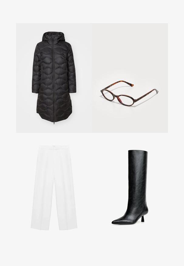 Manteau noir en duvet avec capuche, présentant un motif matelassé, une fermeture éclair sur toute la longueur à l'avant et des poches latérales. Design léger et long jusqu'aux genoux.; Tissu tissé avec un motif écossais noir, blanc et gris, présentant des textures variées et une drapabilité, mettant en valeur des fibres douces et des surfaces lisses.; Pantalons blancs à jambe large avec une texture lisse, dotés d'une taille haute et de deux poches latérales. Design simple sans motifs visibles.; Botte noire montante en cuir texturé. Dotée d'un bout pointu et d'un petit talon évasé. Design élégant et lisse avec des accents minimalistes.; Lunettes de soleil écaille de tortue avec des verres ovales, dotées d'une monture sombre avec des motifs marron clair et foncé, et de branches fines et courbées.