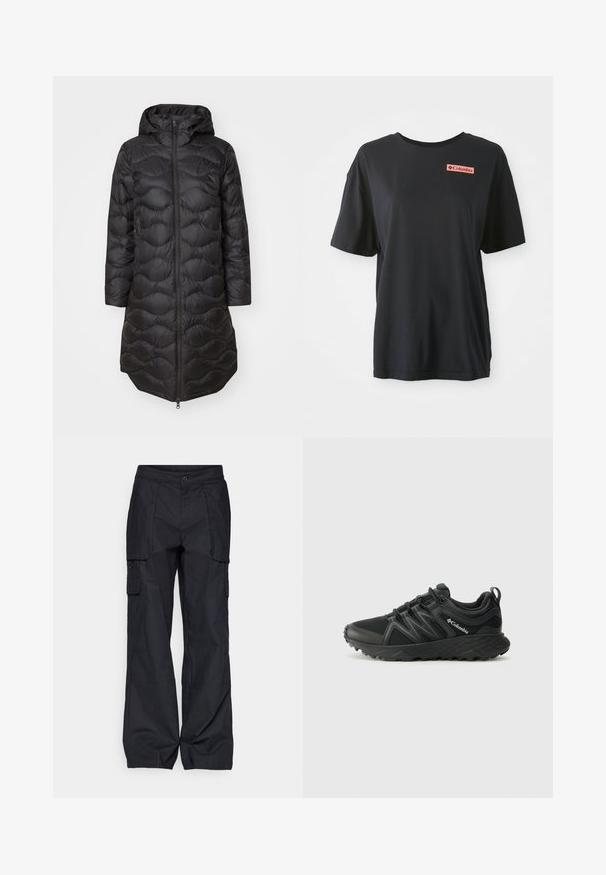 Mustkatist puffer-jakk, millel on kapuuts, tikandiga muster, täispikkuseline lukustus ja küljetaskud. Kerge ja põlvini ulatuv disain.; Must have kaelusadega must puuvillane T-särk, vaba lõikega, punase ristküliku kujuline logo vasakul rinnal. Siledad tekstuur ja lihtne disain.; Columbia BREA FALLS™ COTTON RIPSTOP PANT - Õuepüksid - black; Columbia PEAKFREAK - Matkajalatsid - black