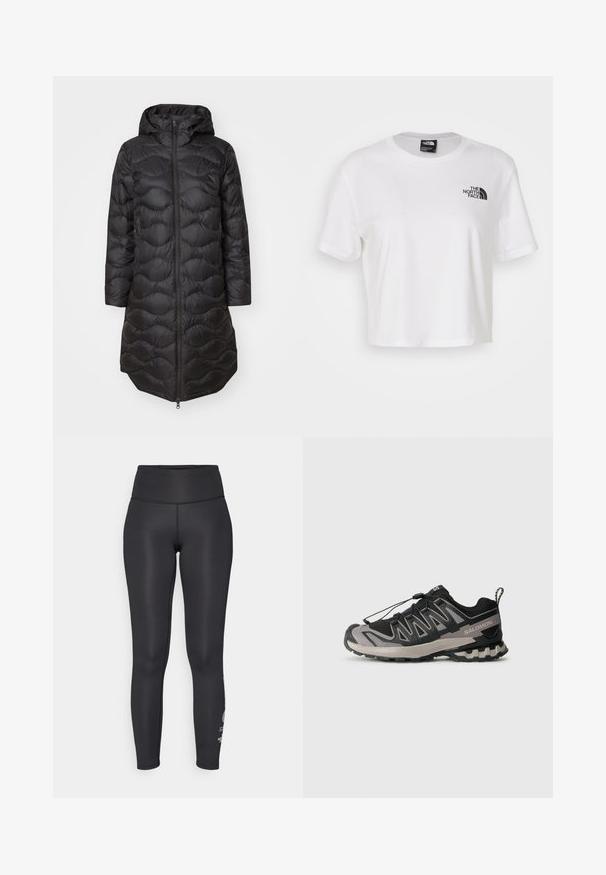 Schwarze Pufferjacke mit Kapuze, mit gestepptem Muster, durchgehendem Reißverschluss und seitlichen Taschen. Leicht und knielang.; Weißes, kurzes T-Shirt aus Baumwolle mit Rundhalsausschnitt und kurzen Ärmeln. Mit einem schwarzen Logo auf der linken Brust.; Schwarze Leggings aus dehnbarem Material, mit hoher Taille, figurnaher Passform und weißen Druckakzenten entlang des Unterschenkels.; Schwarzer und grauer Sportschuh mit einem Obermaterial aus Mesh, Gummisohle und elastischem Schnürsystem. Verfügt über eine verstärkte Zehenkappe und strukturierte Akzente.