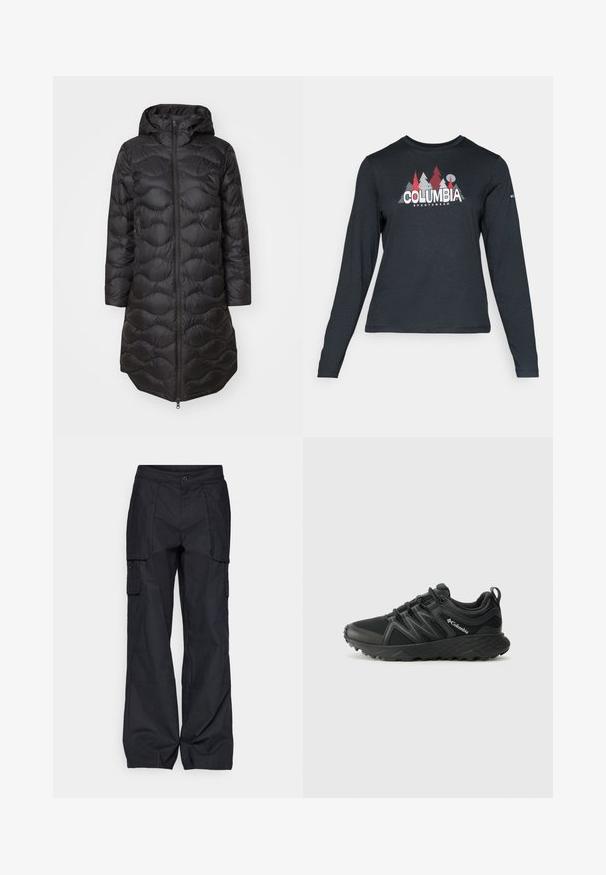 Zwarte pufferjas met een capuchon, voorzien van een doorgestikt patroon, volle rits aan de voorkant en zijzakken. Lichtgewicht en knielange uitvoering.; Langsluitend donkergrijs shirt met lange mouwen, versierd met een grafisch ontwerp van rode bomen en bergen; het "COLUMBIA"-logo in vet witte tekst. Zacht materiaal, standaard ronde hals.; Columbia BREA FALLS™ COTTON RIPSTOP PANT - Outdoorbroeken - black; Columbia PEAKFREAK - Outdoorschoenen - black