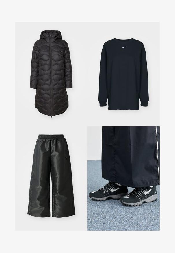 Abrigo acolchado negro con capucha, con un patrón de acolchado, cremallera frontal completa y bolsillos laterales. Diseño ligero y de longitud hasta la rodilla.; Camiseta negra de manga larga hecha de algodón con cuello redondo. Presenta un logo blanco de Nike en el pecho. Textura suave, diseño sencillo.; Pantalones deportivos negros de tejido brillante y suave, con una cinturilla elástica, pierna ancha y un pequeño logo en el lado izquierdo.; Zapatillas deportivas negras con un upper texturizado, detalles plateados y una suela con patrón, combinadas con una prenda larga negra. Colocadas sobre una alfombra azul.