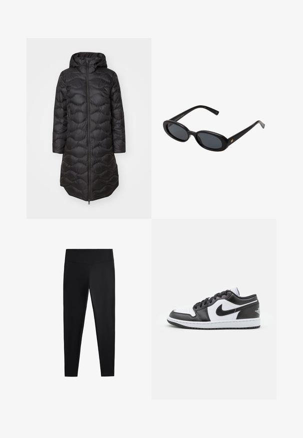 Sort pufferjakke med hætte, der har et quiltet mønster, fuld frontlynlås og sidelommer. Letvægts og knælængde design.; Langærmet hvid cropped t-shirt, lavet af blødt stof, har en rund hals og en afslappet pasform med manchetter på ærmerne. Simpelt og rent design.; Sorte leggings lavet af glat, strækbart stof. Har en bred talje og en tapered ben-design, velegnet til aktiv eller afslappet brug.; Sorte og hvide Nike lavtoppede sneakers har en glat læderoverdel, rund tå, snørelukning og en mønstret gummisål.; Store store