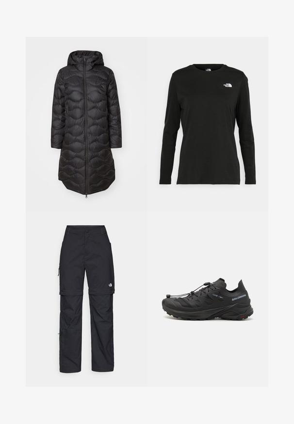 Cămașă puffer neagră cu glugă, având un model matlasat, fermoar frontal complet și buzunare laterale. Design ușor și lungime până la genunchi.; Iarna neagră cu mânecă lungă, din bumbac, cu guler rotund. Prezintă un mic logo alb în zona pieptului stâng. Design simplu și croi lejer.; Pantaloni cargo din nylon negru, cu fermoar detașabil, manșete ajustabile, multiple buzunare și un logo pe piciorul drept. Textură netedă și ușoară.; Pantofi de alergare pe teren accidentat, negri, cu un superior texturat, panouri din plasă și un sistem de fixare sigur. Au o talpă robustă pentru aderență.