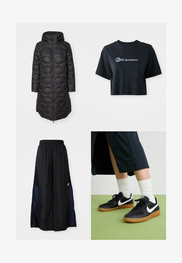 Schwarze Pufferjacke mit Kapuze, mit gestepptem Muster, durchgehendem Reißverschluss und seitlichen Taschen. Leicht und knielang.; Gekürztes schwarzes Baumwoll-T-Shirt mit kurzen Ärmeln, das weißen Text "Vice Sportswear" und eine runde Grafik auf der Vorderseite zeigt.; Schwarze weit geschnittene Hose aus leichtem Stoff, mit einem dunkelblauen Seitenpanel und einem elastischen Bund. Kleines weißes Logo am unteren Ende.; Schwarze Leder- und synthetische Sneakers mit weißem Nike-Swoosh, Gummisohle, runder Spitze und schwarzen Schnürsenkeln. Gestreifte weiße Socken sind sichtbar.