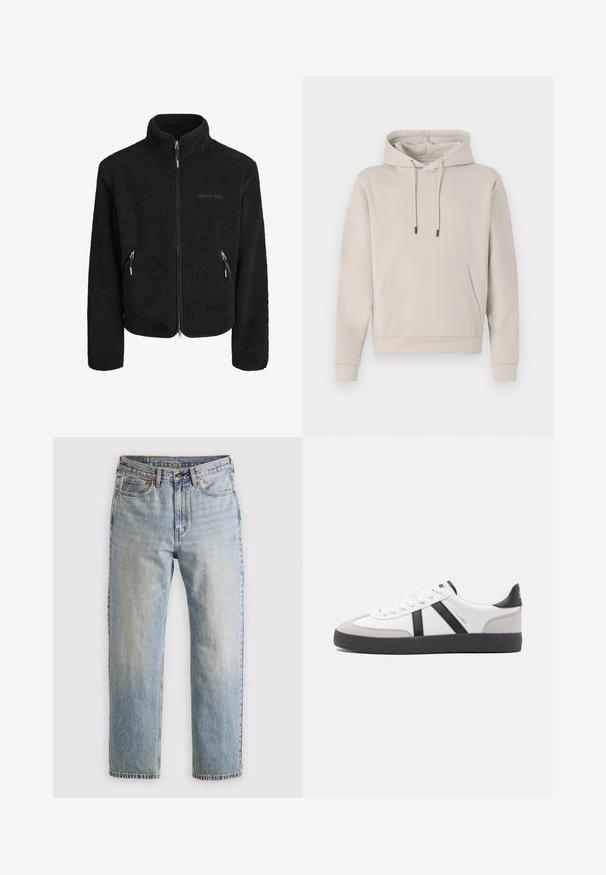 Sort fleecejakke med høj krave, fuld frontlynlås, to lynlåslommer i siden og en struktureret stoffinish.; Hættebluse i lys beige med en frontlomme, snoretræk og ribbede manchetter. Lavet af blødt, glat stof med en afslappet pasform.; Lysblå denim jeans med høj talje, frontknap, lynlås og fem-lomme design, lagt fladt på en neutral baggrund.; Hvide sneakers med sorte og grå detaljer, med en tekstureret grå tåhætte, sort gummisål og flade hvide snørebånd. Rent design, minimalistisk stil.