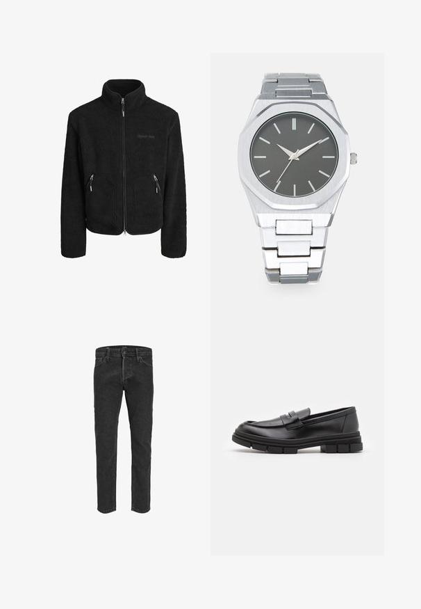 Zwarte fleece jacket met een hoge kraag, volledige voorrits, twee ritszakken aan de zijkanten en een gestructureerde stofafwerking.; Redefined Rebel TETON REGULAR FIT - Trui - black grey; Zwarte denim jeans met een rechte pasvorm, vijf zakken en riemlussen, met een licht vervaagde textuur en contrasterende stiksels.; Zwarte leren instappers met een gladde afwerking, voorzien van een voorste banddetail en een stevige rubberen zool met gegroefde accenten.; Zilveren analoge horloge met een achthoekige kast, grijze wijzerplaat, zilveren uurmarkers en een bracelet van roestvrij staal. Minimalistisch ontwerp met een gladde textuur.