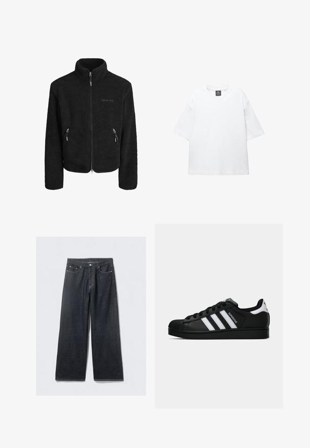 Schwarze Fleecejacke mit hohem Kragen, vollem Frontreißverschluss, zwei seitlichen Reißverschlusstaschen und einer strukturierten Stoffoberfläche.; Weißes T-Shirt mit kurzen Ärmeln aus Baumwolle, das über einen Rundhalsausschnitt und einen lockeren Schnitt mit geradem Saum verfügt. Keine Muster oder Verzierungen.; Dunkelblaue, weite Jeans mit hoher Taille, ausgestattet mit Kupfernieten und Kontrastnähten, glatter Textur und ohne sichtbare Muster.; Schwarzer Adidas Superstar Sneaker mit weißen Streifen, Schalenzehen und "Superstar"-Schriftzug an der Seite, im Seitenprofil auf weißem Hintergrund dargestellt.