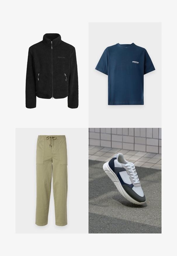 Casaco de lã preto com gola alta, fecho frontal completo com zíper, dois bolsos laterais com zíper e um acabamento de tecido texturizado.; Camiseta de algodão azul marinho com mangas curtas e decote redondo. Apresenta um pequeno logótipo branco na área do peito esquerdo. Textura suave.; Calças verde-oliva claras feitas de um tecido de algodão misto, com um cós elástico com cordão e dois bolsos laterais grandes.; Sapatilhas brancas, azuis-marinho e cinzas com um design de materiais mistos, apresentando uma parte superior texturizada, atacadores planos e uma sola acolchoada.