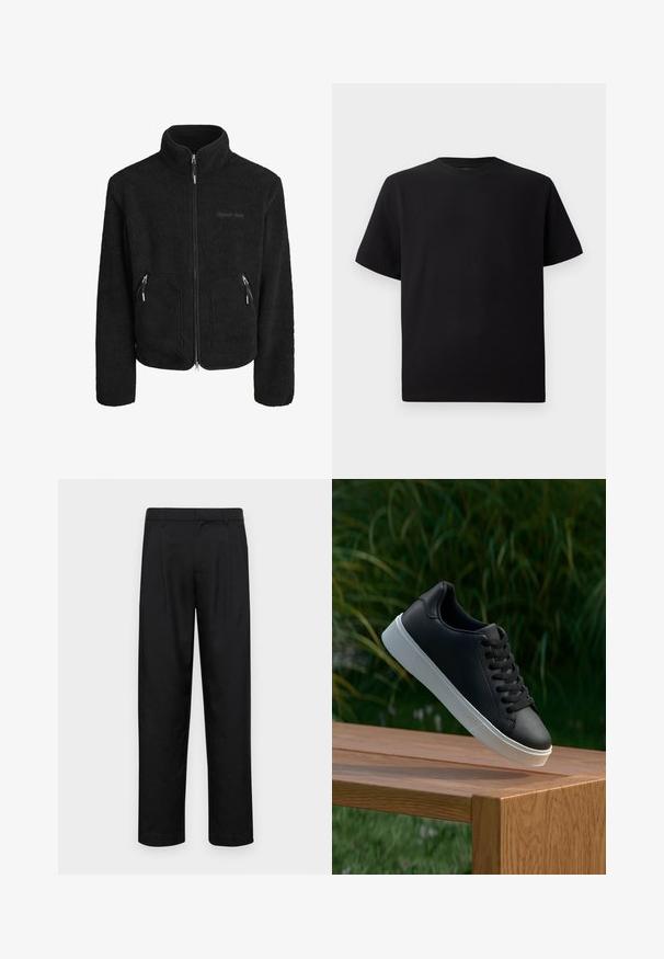Jachetă din fleece neagră cu guler înalt, fermoar complet pe față, două buzunare laterale cu fermoar și un finisaj texturat.; Tricou negru cu mânecă scurtă, realizat dintr-un material texturat, cu decolteu rotund și o croială relaxată. Simplu, fără modele sau accente.; Pantaloni negri dintr-un material neted, cu un design drept, două pliuri frontale și un tiv standard cu bucle pentru curea.; Adidași din piele neagră cu o textură netedă, talpă din cauciuc alb și șase orificii pentru șireturi, expuși pe o suprafață din lemn.