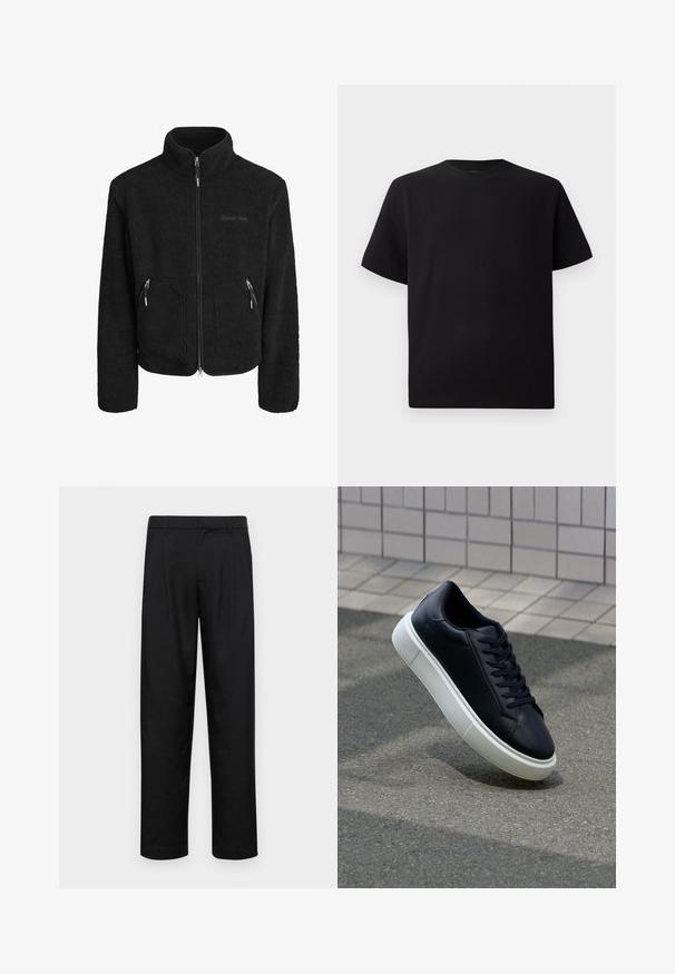 Svart fleecejakke med høy krage, fullt frontglidelås, to glidelåslommer på siden og en teksturert stofffinish.; Svart T-skjorte med korte ermer laget av teksturert stoff, med rund halslinning og en avslappet passform. Enkel, uten mønstre eller detaljer.; Sorte bukser laget av glatt stoff, med rette ben, to frontfoldninger og standard liv med beltehemper.; Sorte skinnsneakers med rund tå og hvit gummisåle. Har flate lisser og minimal søm på overdelen. Strukturert såle for grep.