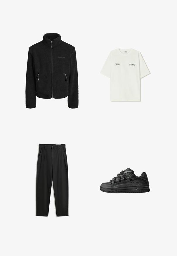 Schwarze Fleecejacke mit hohem Kragen, vollem Frontreißverschluss, zwei seitlichen Reißverschlusstaschen und einer strukturierten Stoffoberfläche.; Weißes Baumwoll-T-Shirt mit kurzen Ärmeln. Auf der Vorderseite befindet sich schwarzer Text: „NICHT MORGEN NICHT HEUTE“ und „DIE KUNST DES DIRT MOVING“ in grüner Schrift.; Schwarze Baumwollhose mit lockerem Schnitt, ausgestattet mit einem klassischen Bund, vorderen Falten und Seiten taschen. Glatte Textur ohne Muster.; Schwarze Sneakers mit einem glatten Leder-Obermaterial, strukturierten Akzenten und runden schwarz-weißen Schnürsenkeln. Dicke Gummisohle mit einem gemusterten Profil.