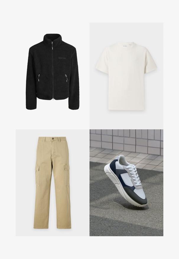 Μαύρο φλις μπουφάν με ψηλό γιακά, πλήρη μπροστινό φερμουάρ, δύο τσέπες με φερμουάρ στο πλάι και υφή υφάσματος.; Λευκή κοντομάνικη μπλούζα με ριγωτή υφή. Στρογγυλή λαιμόκοψη, χαλαρή εφαρμογή, χωρίς ορατά σχέδια ή λεπτομέρειες. Απλός και ευέλικτος σχεδιασμός.; Μπεζ cargo παντελόνια φτιαγμένα από βαμβάκι, με δύο πλάγιες τσέπες, κουμπί κλεισίματος και ίσια πόδια με ελαφρώς υφαντό ύφασμα.; Λευκά, ναυτικά και γκρι sneakers με σχέδιο από μικτά υλικά, που διαθέτουν υφή στο πάνω μέρος, επίπεδα κορδόνια και μαλακή σόλα.