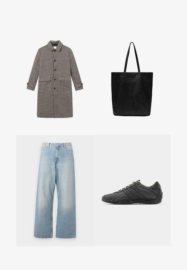 Les Deux MAXIMILIAN - Classic coat - light desert sand/black; Black long-sleeve knit sweater with crew neck, ribbed cuffs, and hem, laid flat against a light background.; Light blue wide-leg jeans made from denim, featuring a high waist, front pockets, and a faded wash with subtle whiskering at the thighs.; adidas Originals ADIRACER UNISEX - Trainers - core black/cream white; Black leather tote bag with long, flat handles. Simple design, rectangular shape, smooth texture, and no visible hardware or embellishments.