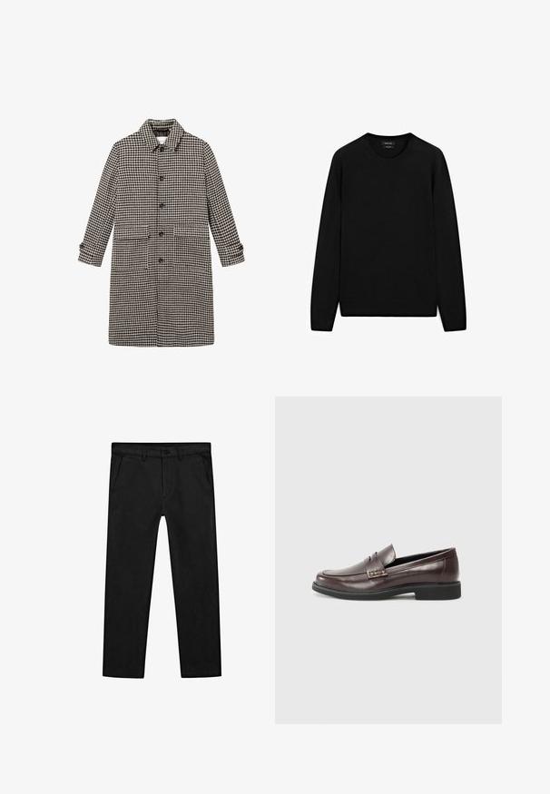 Les Deux MAXIMILIAN - Classic coat - light desert sand/black; Black sweater made of soft fabric, featuring a round neckline, long sleeves, and a relaxed fit. No patterns or accents are visible.; Black cotton pants featuring a straight-leg design, front pockets, and a classic button closure with a zip fly. Smooth texture, tailored fit.; Brown leather loafers with a smooth finish, featuring a subtle stitched detail on the upper and a black rubber sole.