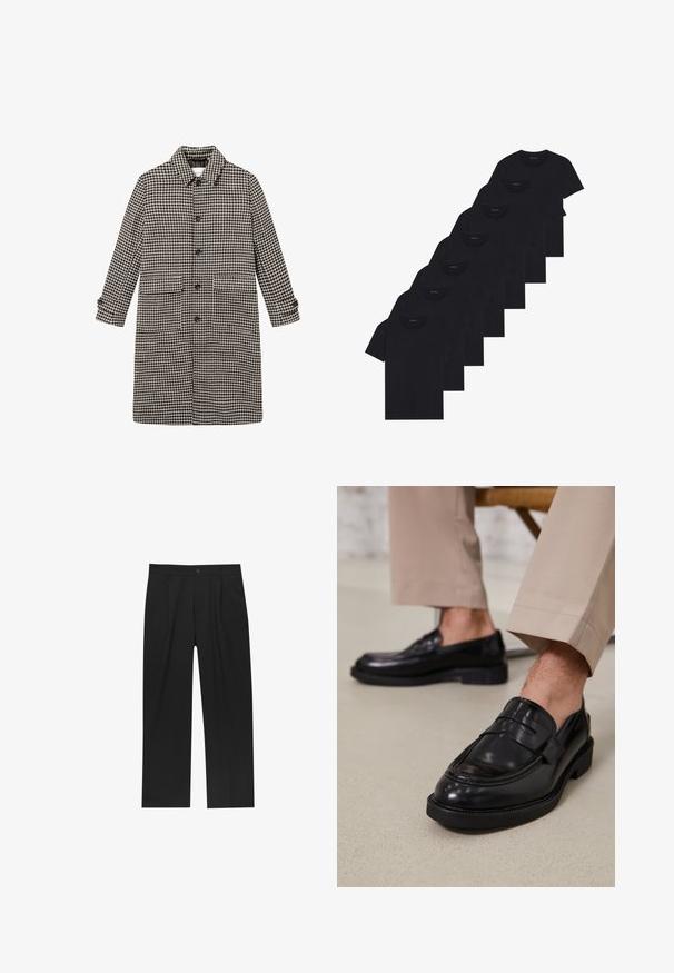 Les Deux MAXIMILIAN - Klasszikus kabát - light desert sand/black; Nyolc darabból álló fekete pamut pólókészlet rövid ujjakkal és kerek nyakkal, sima kialakítással és puha felülettel.; Fekete nadrág egyenes szárú kialakítással, sima anyagból készült. Elöl redők és egy gombos záródás található a derékon.; Fekete bőr loaferek sima felülettel, díszítő pánttal és kontrasztos varrással, bézs nadrággal párosítva.