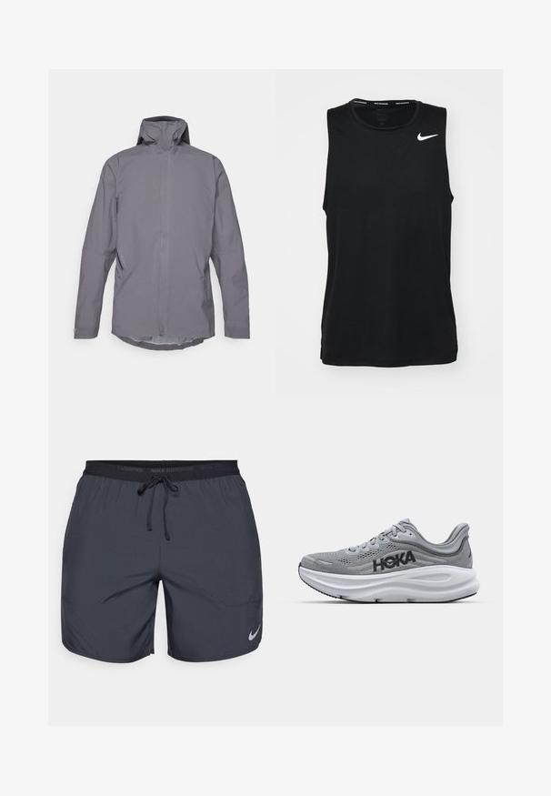 Grey waterproof jacket with a high collar, long sleeves, and a clean, minimalist design. Equipped with side pockets and a smooth texture.; Black, sleeveless athletic tank top made of smooth fabric. Features a white Nike logo on the upper left. Round neckline with a tagless design.; Nike running shorts in dark gray, featuring an elastic waistband with a drawstring and a silver logo accent on the lower right leg.; Gray athletic shoe with mesh upper, HOKA branding, cushioned midsole, and rubber outsole. Features curved design and textured details.