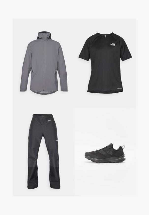Grå vattentät jacka med hög krage, långa ärmar och en ren, minimalistisk design. Utrustad med sidfickor och en mjuk textur.; Svart kortärmad träningsskjorta i strukturerad tyg, med en vit logotyp på vänster bröst och rak fåll.; Svarta vattentäta byxor med en slät yta, med en GORE-TEX-logotyp på framsidan och förstärkta nedre ben för ökad hållbarhet.; Svart idrottssko med mesh-överdel, gummiyttersula och vadderad krage. Utrustad med snören, logotyp på sidan och en strukturerad design.