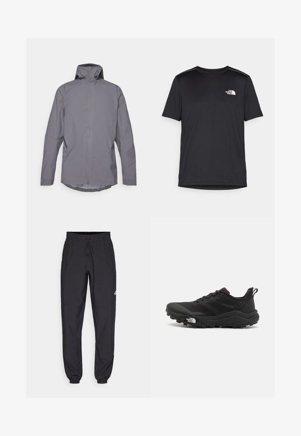 Jachetă impermeabilă gri, cu guler înalt, mâneci lungi și un design curat, minimalist. Echipată cu buzunare laterale și o textură netedă.; Tricou negru cu mânecă scurtă, realizat dintr-un material ușor. Prezintă un mic logo alb pe pieptul stâng și accente subtile pe umeri.; Pantaloni atletici negri, confecționați dintr-un material ușor, cu un tiv elastic la talie, buzunare laterale și tivuri ajustate la gleznă.; Pantofii de alergare pe teren accidentat, de culoare neagră, cu un superior texturat, talpă din cauciuc și vârf întărit. Prezintă un guler căptușit și o bandă de prindere pentru îmbrăcare ușoară.