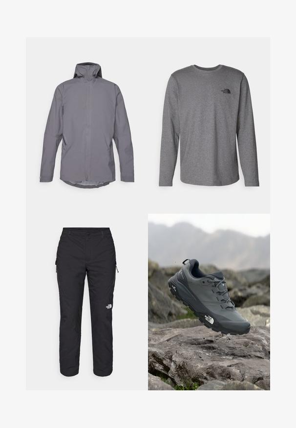 Harmaa vedenpitävä takki, jossa on korkea kaulus, pitkät hihat ja selkeä, minimalistinen muotoilu. Varustettu sivutaskuilla ja sileällä pinnalla.; The North Face M L/S SIMPLE DOME TEE - Pitkähihainen paita - medium grey heather; The North Face WINTER EXPLORATION TAPERED CARGO - Ulkohousut - black; Harmaa polkujuoksukenkä, jossa on teksturoitu päällinen, kestävä kumipohja ja vahvistettu varvastoppa. Varustettu nauhoilla ja brändin logolla sivussa.