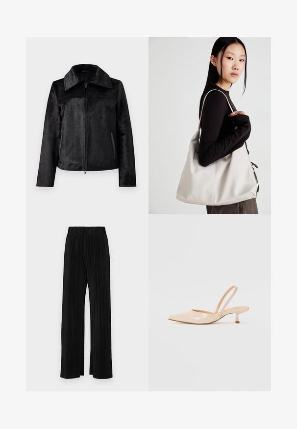 Fekete műszőrme dzseki, gallérral, cipzáras elejével és két oldalsó zsebével. Zökkenőmentes textúrával és strukturált sziluettel rendelkezik.; Rövid, fehér, pamut póló, rövid ujjakkal, kerek kivágással és egyenes szegéllyel, sima textúrával és letisztult dizájnnal.; Fekete pliszírozott nadrág gumis derekkal. Széles lábakkal rendelkezik, sima, texturált anyagból készült, függőleges csíkokkal.; Bézs színű lakkbőr slingback magassarkú cipők hegyes orral és vékony, négyzetes sarkú dizájnnal. Simább textúra és minimalista stílus, díszítések nélkül.; Puha anyagból készült bézs kézitáska, laza dizájnnal, varrott részletekkel és két vállpánttal. Mindennapi használatra alkalmas.