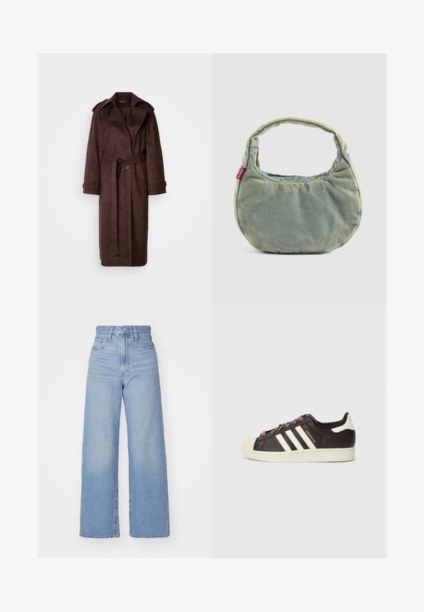 Barna szuede trench kabát dupla gombolásos elülső résszel, nagy gallérral, övvel ellátott derékkal és oldalsó zsebekkel. Gombbal záródó mandzsettákkal és sima felülettel rendelkezik.; Fehér póló fekete felirattal, amely egy zenei eseményt népszerűsít, benne az "Exkluzív Hozzáférés", "Rock Indie Koncertek" és "Szupersztár Zenei Élmény" szöveggel.; Világoskék, magas derekú, bő szárú farmernadrág, elülső gombbal és cipzárral, elülső és hátsó zsebekkel, fehér háttérrel.; Sötétbarna bőr alacsony szárú Adidas Superstar sportcipő krémszínű kagyló orral, fehér csíkokkal és "Superstar" felirattal az oldalon.; Világoskék farmer kézitáska rövid, párnázott füllel és egy kis piros Levi's logóval az oldalán, sima háttéren elhelyezve.