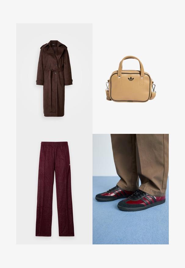 Casaco trench de camurça castanha com frente de duplo botão, grande colarinho, cintura com cinto e bolsos laterais. Apresenta punhos botão e uma textura suave.; Top cropped de manga longa em bordeaux, feito de tecido canelado, com gola redonda e linhas verticais texturizadas, apresentando uma silhueta ajustada.; Calças de treino em borgonha feitas de um tecido texturado, com um cós elástico e costuras laterais para um design de pernas retas.; Tênis atléticos pretos e burgundy com materiais de couro e camurça, apresentando cadarços pretos e três riscas pretas de lado. Sola em borracha.; Bolsa de couro vegan bege com duas alças, alça de ombro destacável, costura de destaque preta e um pequeno logótipo preto na parte frontal.