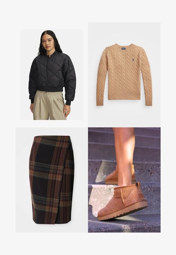 Black quilted bomber jacket with a zip front, ribbed cuffs and hem, featuring a soft, shiny texture and diamond pattern.; Beige cable-knit sweater with a crew neckline, ribbed cuffs and hem, and a small logo on the left chest. Soft, textured fabric.; White cotton polo shirt featuring a classic collar, short sleeves, and a navy blue embroidered logo on the left chest. Five-button placket.; Tartan pencil skirt in dark colors with horizontal and vertical patterns. Made of wool, featuring a side slit for ease of movement.; Tan suede ankle boots with a soft texture, stitched detailing, and a rubber sole, featuring a looped heel for easy wear.