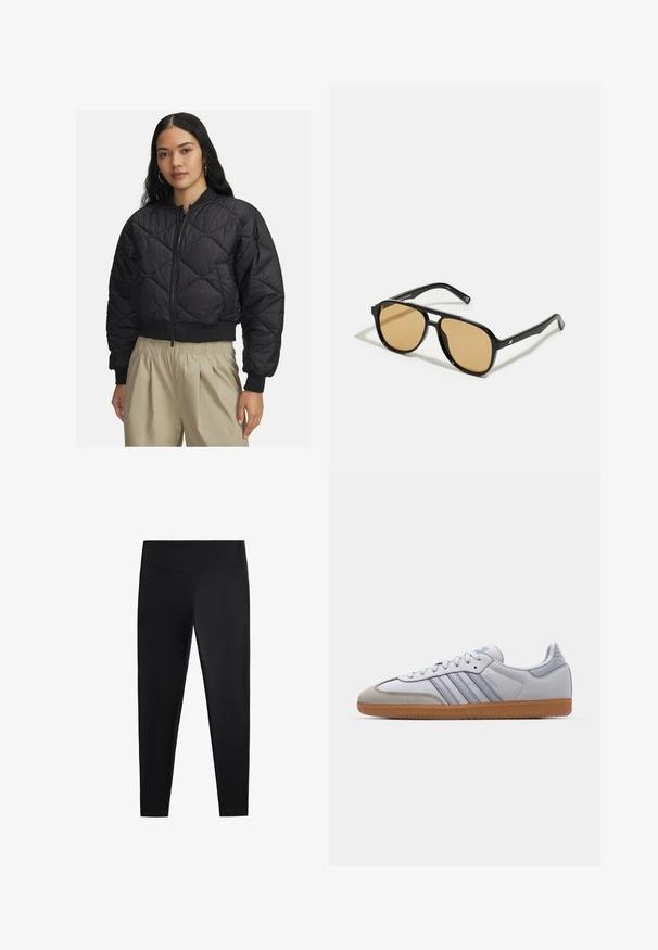 Svart quiltad bomberjacka med dragkedja framtill, ribbade cuffs och nederkant, med en mjuk, glänsande yta och diamantmönster.; Grön fleece-pullover med hög krage, marinblå knappslå och en ficka med dragkedja. Har mjuk textur och kontrasterande crèmefärgade detaljer.; Svarta leggings av ett slätt, stretchigt tyg. Har en bred midja och design med avsmalnande ben, lämpliga för aktiv eller avslappnad användning.; Vita lädersneakers med ljusblå accenter, grå mocka tå och en brun gummisula. Har tre blå ränder och "Samba"-logotyp.; Svarta solglasögon med bruna tonade linser; rektangulär form med en tjock ram, inklusive subtila detaljer av metall vid glasögonbågarna.