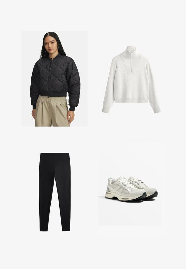 Zwarte gewatteerde bomberjack met een ritssluiting aan de voorkant, ribgebreide manchetten en onderkant, met een zachte, glanzende textuur en een ruitenpatroon.; Lichtgrijze sweatshirts met een hoge kraag, voorzien van een halve rits en ribbeltextuur. Vierkante snit met doorlopende schouders en een gestructureerd ontwerp.; Zwarte leggings van gladde, rekbare stof. Voorzien van een brede tailleband en een taps toelopend pootdesign, geschikt voor actieve of casual kleding.; Lichte hardloopschoenen in beige en grijs. Bovenwerk van mesh, rubberen zool, veters met versterkte ogen en een getextureerde hakaccent.