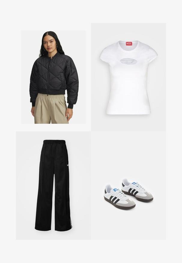 Čierna prešívaná bomber bunda so zip uzáverom, ribovanými manžetami a lemom, so soft, lesklou textúrou a diamantovým vzorom.; Biele priliehavé tričko z bavlny s okrúhlym výstrihom a krátkymi rukávmi, s svetlomodrým vyšívaným logom na prednej strane.; Čierne široké teplákové nohavice s elastickým pásom, s bielymi bočnými pruhmi a malým logom na ľavom boku. Hladký textil.; Športové topánky s bielym koženým zvrškom, šedou semišovou špičkou a tromi čiernymi pruhmi. Obsahujú modré logo na jazyku a štruktúrovanú gumovú podrážku.