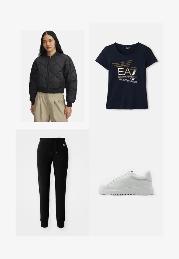 Zwarte gewatteerde bomberjack met een ritssluiting aan de voorkant, ribgebreide manchetten en onderkant, met een zachte, glanzende textuur en een ruitenpatroon.; Marineblauwe T-shirt met korte mouwen van katoen, met een metallic gouden grafische logo met tekst en gestileerde vleugels van een adelaar.; Zwarte tapered sweatpants met een tailleband met trekkoord en manchetten bij de enkels, weergegeven op een eenvoudige witte achtergrond.; Witte sneakers met een bovenwerk van gemarmerd leer, ronde neus en vetersluiting. Dikke witte rubberen zool met een gemarmerd grippatroon.