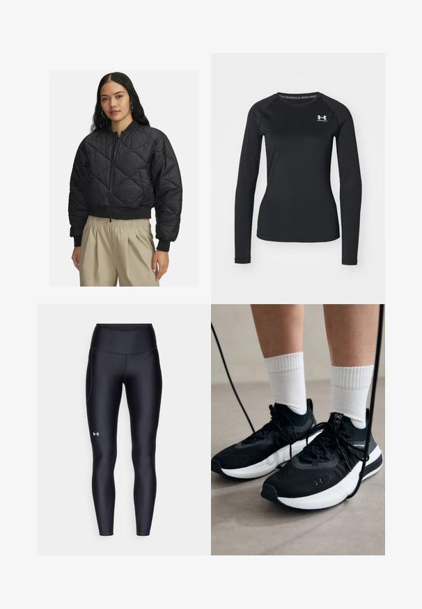 Must lahtise ees oleva musta pehmest, läikivast kangast kudumisega bomber-jakk, millel on soonikkoes mansetid ja serv. Kangelaslik disain, millel on ruuduline muster.; Must lâuhi keskmise käisteta sportlik särk, mis on valmistatud siledast kangast, ümmarguse kaelusega ning väikese valge logoga vasakul rinnal.; Mustad mustad, venitatud materjalist, kõrge vöökoht. Vasakul reie kohal on valge logo ning tihe disain.; Mustad mustad jalanõud tekstuuritud kangast, valge tallaga ja mustade paeltega. Kanna valgete soonikkudega sokkide sisse, seistes helesinisel pinnal.