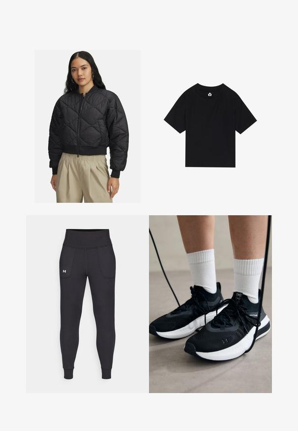 Zwarte gewatteerde bomberjack met een ritssluiting aan de voorkant, ribgebreide manchetten en onderkant, met een zachte, glanzende textuur en een ruitenpatroon.; Zwarte T-shirt met korte mouwen van ribbelstructuur, ronde hals en raglanmouwen. Voorzien van een klein wit logo op de kraag.; Zwarte sportleggings van rekbaar materiaal, met een hoge tailleband, zijzakken en aansluitende boorden bij de enkels.; Zwarte sportschoenen van gestructureerde stof, met een witte zool en zwarte veters. Draag ze met witte geribde sokken, staand op een lichte ondergrond.