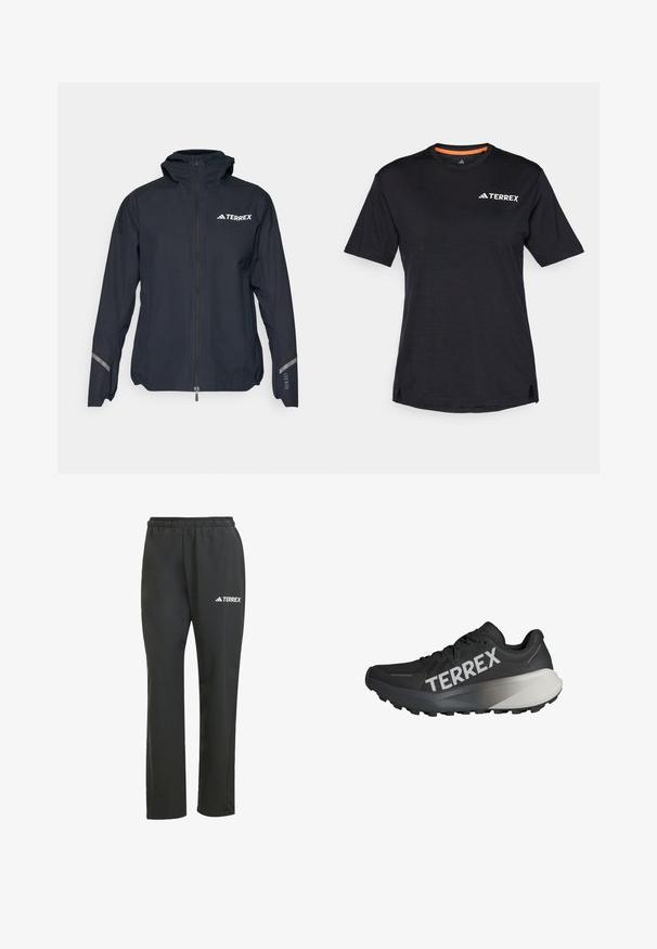 adidas Terrex TERREX XPERIOR 2.5L LIGHT RAIN.RDY JACKET - Tuulejope - black; Must t-särk lühikeste varrukatega, ümmarguse kaelusega, millel on peen heather struktuur ja valge "TERREX" logo vasakul ülanurgas.; Mustad mustad püksid elastse vöökohtiga. Elegantselt diskreetne valge "TERREX" logo. Sile kangas ja sirge jala disain.; Mustad mustus jooksujalats, millel on tekstuuriga pealmine osa, silmapaistev valge "TERREX" logo, kitsenev talladisain ja halli gradientaktsent kandadel.