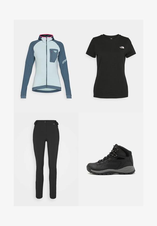 Hele sinine ja tume sinine kapuutsiga tõmblukuga jakk, tekstureeritud kangas, kitsas lõige ning rinnaosal tõmblukuga tasku. Kapuutsi servas roosad detailid.; Mustvalge puuvillane t-särk, millel on ümber kaeluse lõige ja lühikesed varrukad. Märkimisväärne valge logo vasakul ülal nurgas. Sile tekstuur, mugav lõige.; Mustad, hästi istuvad püksid, mis on valmistatud paindlikust materjalist. Omadusteks on lukuga küljetasku, artikeeritud põlved ja sile pind.; Mustarjaline matkasaabas, millel on keskmine disain, tekstuuriga ülemine osa, hallid aktsendid ja vastupidav kummist põhi, millel on haardelugesid.