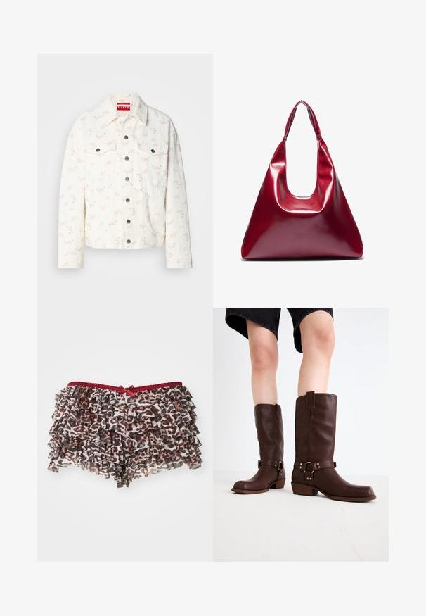 Hvit denimjakke med små rosa blomstertrykk, to frontlommer og sølvfargede trykknapper i lukking. Strukturert stoff. Kuttet passform.; Hvit kortermet t-skjorte laget av bomull med rund hals og avslappet passform. Glatt tekstur og ingen synlige mønstre eller dekorasjoner.; Blomstrete leopardmønstrede shorts med lagdelte volanger, med en rød blonde midje og en liten sløyfe foran.; Brune lærknesko med rund tå, teksturert overflate, ankelrem og detaljer i sølv; stablet hæl.; Rød, blank lærveske med en trekantet form, bred åpning på toppen og et enkelt buet håndtak. Glatt tekstur med minimale sømdetaljer.