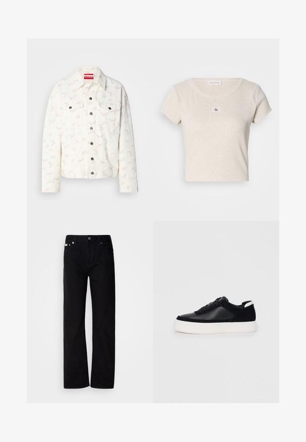 Bela denim jakna z majhnimi roza cvetličnimi vzorci, dvema sprednjima žepoma in srebrnimi pritiskači na zapiranju. Teksturirana tkanina. Skrajšana oblikovana.; T-maica s kratkimi rokavi, kremne barve, izdelana iz rebrastnega materiala, z majhnim logotipom CK na sprednji strani, okroglega ovratnika in sproščenega kroja.; Črne jeanske hlače ravnega kroja s petimi žepi, srebrnimi zakovicami in gumbom za zapiranje. Tkanina ima gladko, rahlo strukturirano površino.; Črne športne copate z gladko usnjeno in semišnimi paneli, ravnimi vezalkami, zaobljenim nosom in belim gumijastim podplatom. Oznaka na peti.