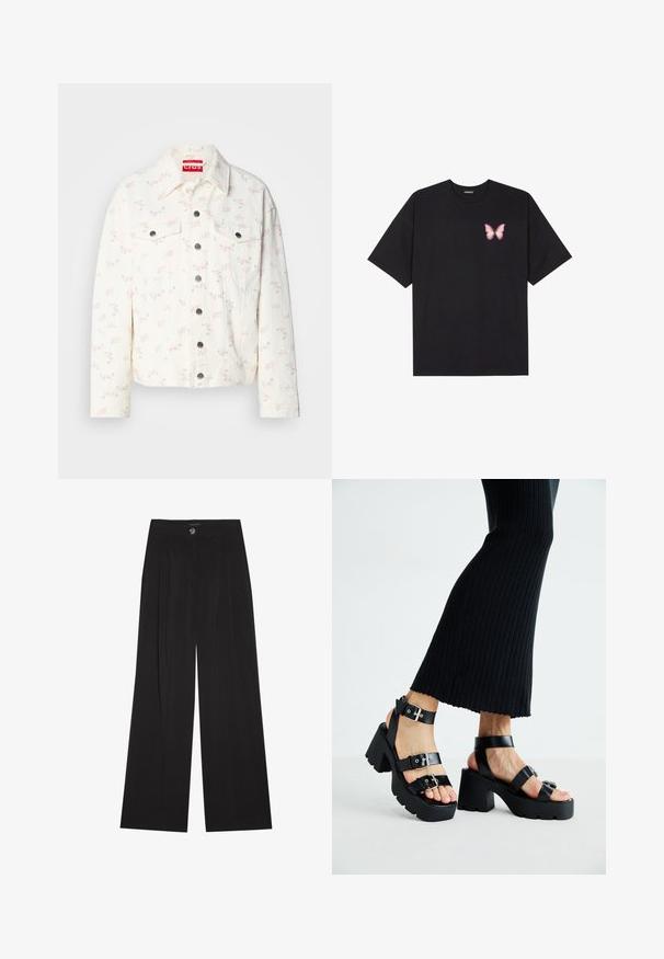 Hvit denimjakke med små rosa blomstertrykk, to frontlommer og sølvfargede trykknapper i lukking. Strukturert stoff. Kuttet passform.; Svart bomulls T-skjorte med korte ermer, med en liten rosa sommerfugl grafikk på venstre bryst. Crew-neck design med en avslappet passform.; Sorte vid bukser med folder, med knaplukning og to sidelommer; glat tekstur med skræddersyet design.; Sorte plattformsandaletter med kraftige såler og flere stropper, med metallspenner og en jevn lær-lignende tekstur.