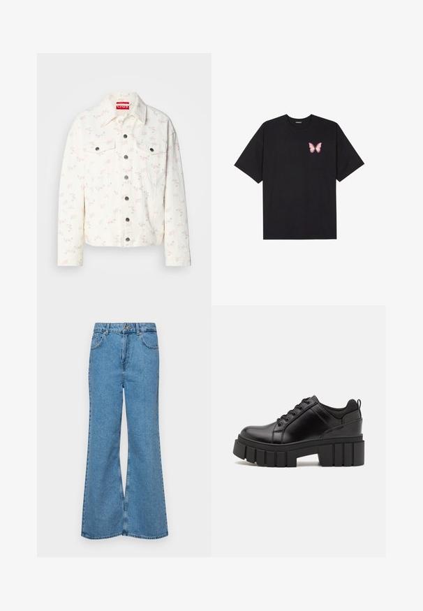 Chaqueta de mezclilla blanca con pequeños estampados florales en rosa, dos bolsillos frontales y botones a presión plateados en el cierre. Tejido texturizado. Corte corto.; Camiseta de algodón negra de manga corta, con un pequeño gráfico de mariposa rosa en el lado izquierdo del pecho. Diseño de cuello redondo con un corte relajado.; Jeans acampanados de color azul claro hechos de denim, con una cintura alta, cinco bolsillos y un cierre de botón. Textura suave con acabado desgastado.; Zapatos de plataforma de cuero negro con un tacón cuadrado grueso, punta redonda y diseño tradicional de cordones. Presenta una textura suave y un detalle minimalista.