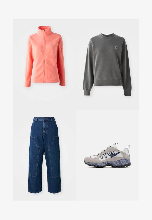 Coral fleece jacket with a high collar, full front zipper, long sleeves, and side zippered pocket. Soft texture and smooth finish.; Gray pullover sweatshirt made of smooth cotton blend, featuring a round neck, ribbed cuffs, and a small logo patch on the left chest.; Dark denim wide-leg jeans with a high waist, featuring large front pockets and contrast stitching. The fabric has a slight texture.; Gray and white sneaker with suede and mesh materials, featuring a rubber sole, navy accents, and a distinctive lace design.