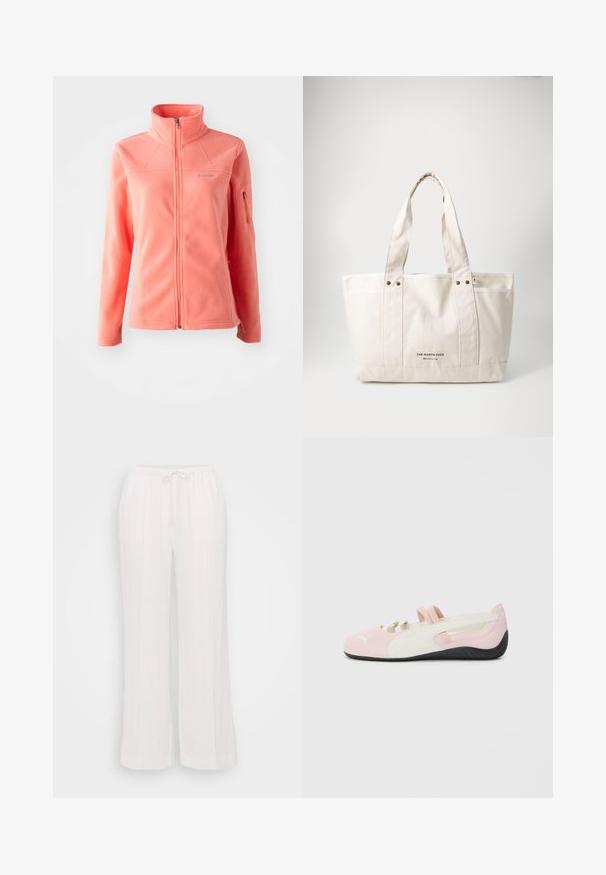 Jacek iz koralnega flisa z visokim ovratnikom, celotnim sprednjim zadrgo, dolgimi rokavi in stranskim žepom z zadrgo. Mehka tekstura in gladka površina.; Majica z dolgimi rokavi in krožnim izrezom v beli barvi z vodoravnimi črtami v mornarsko modri in zeleni barvi. Ima majhen vezena logotip na prsih.; Bele široke hlače iz lahkega materiala, ki imajo elastičen pas z vrvico in vertikalne šive za teksturo.; Roza semiš lahka čeveljka z belimi detajli, gumijastim podplatom in elastikami. Ima strukturirano zasnovo in majhen logotip spredaj.; Platnena torba v svetlem bežnem odtenku z dvema trdnima ročajema, kontrastnim belim robom in logotipom "THE NORTH FACE" v črni barvi na sprednji strani.